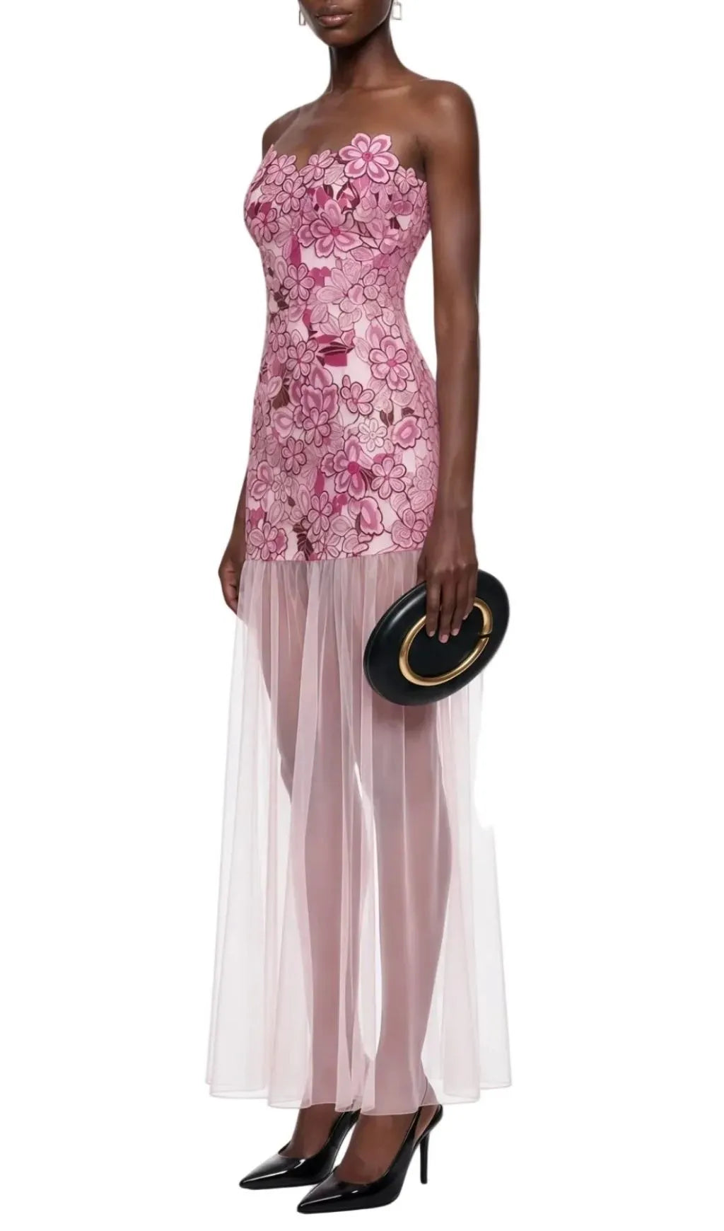 Pansya Floral Embroidery Strapless Maxi Dress - Pink Flowering Girl