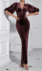 lantern sleeve velvet maxi dress in burgundy Flowering Girl