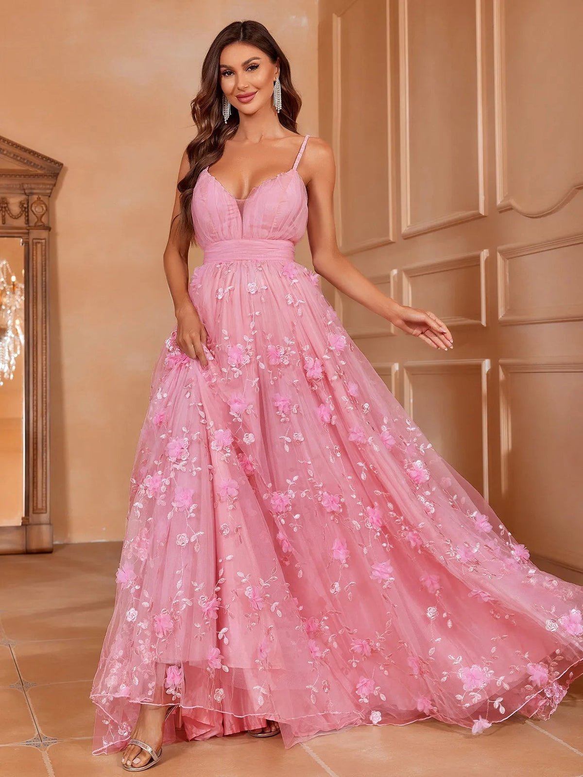 Elegant Plunging Neck Floral Applique Mesh Cami Party Dress Flowering Girl