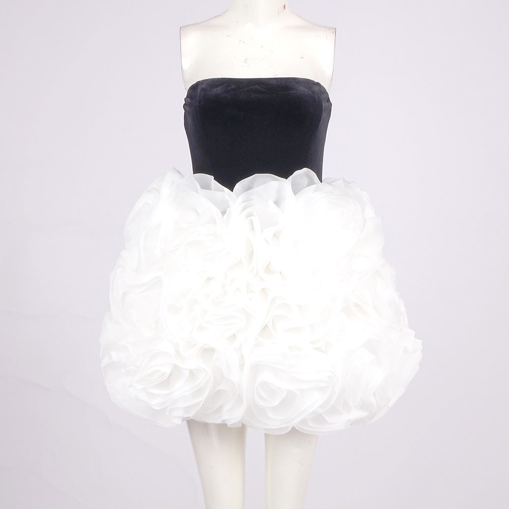 tina white 3d flowers strapless black mini dress Flowering Girl