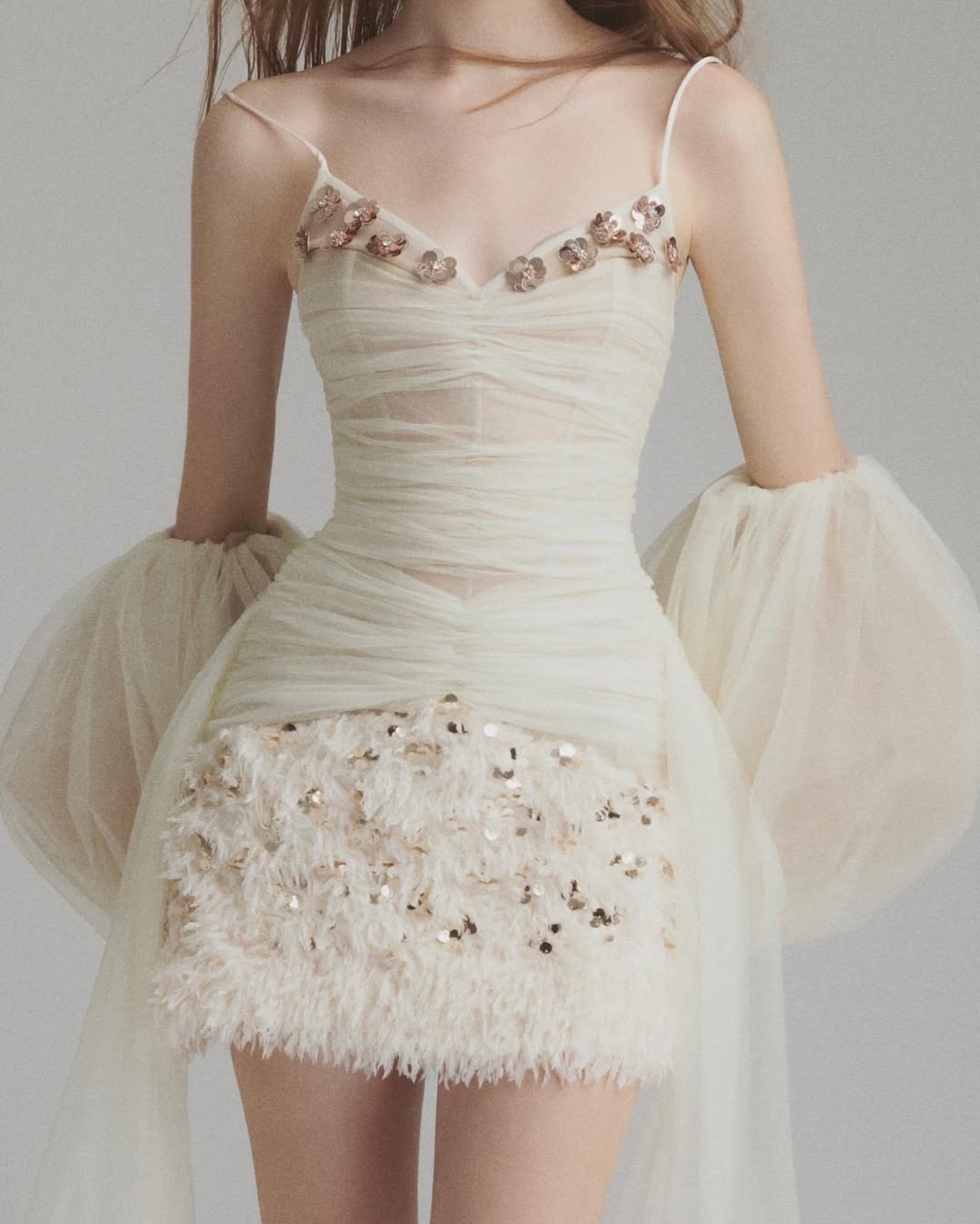 Sequined embellished organza mini dress in white Flowering Girl