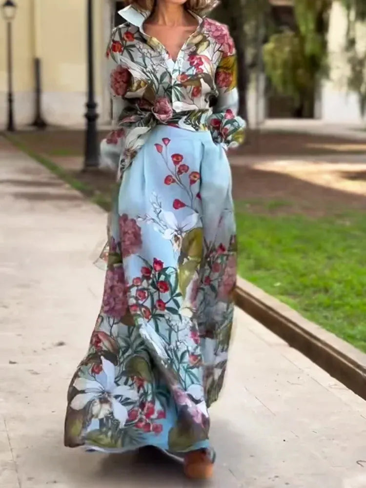 Elegant Floral Print Shirt and Skirt Two-piece Set Flowering Girl