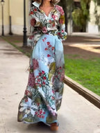 Elegant Floral Print Shirt and Skirt Two-piece Set Flowering Girl