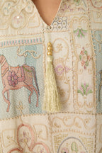 Cream Horse Patchwork Print Stand Collar Bell Sleeve Long Kaftan Dress Flowering Girl