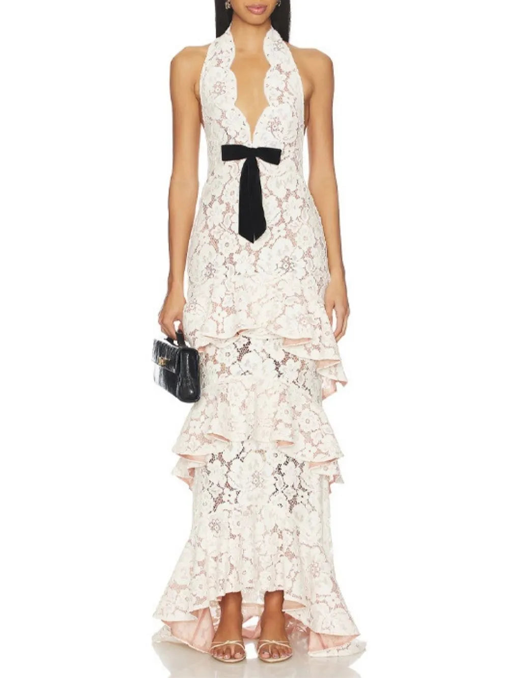 Masha White Halter Lace Layered Maxi Dress Flowering Girl
