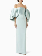 Malerie Satin Off-Shoulder Puff-Sleeve Maxi Dress Flowering Girl