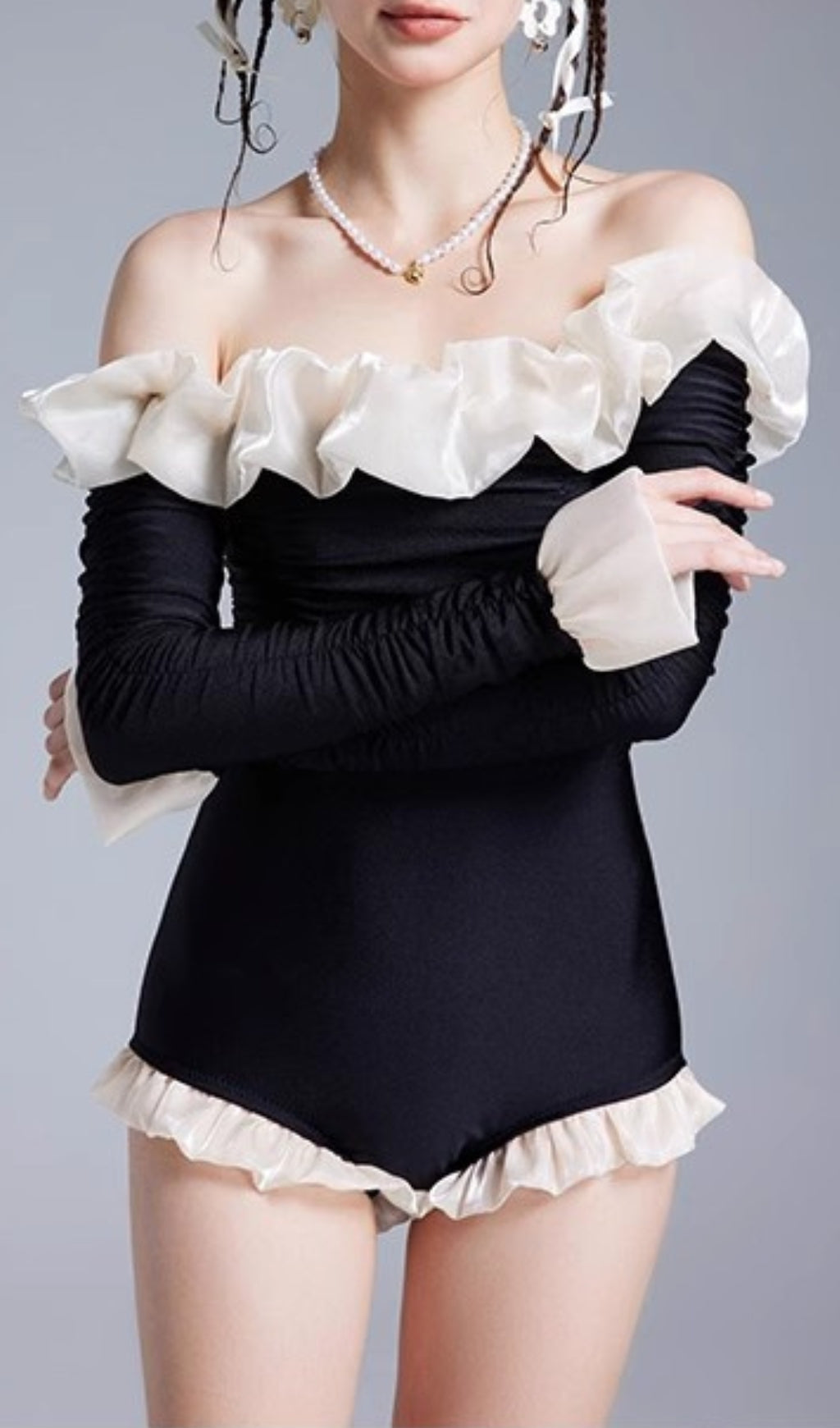 Donato Black Long Sleeve One-Piece Swimsuit Flowering Girl