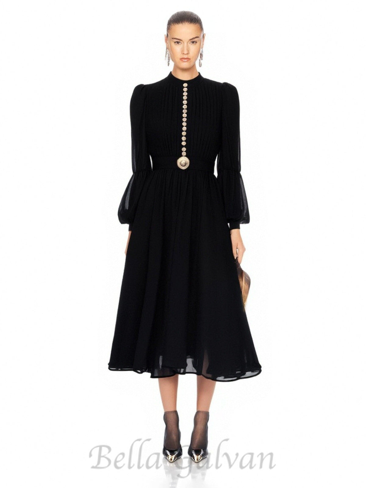 Lantern sleeve silk midi dress in black Flowering Girl