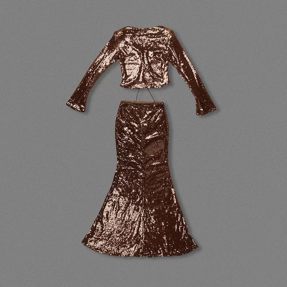 Aubelin Sequin Two Piece Set - Brown Flowering Girl