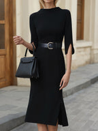 Black Folded Collar Split Cuff Midi Dress With Leather Belt Flowering Girl