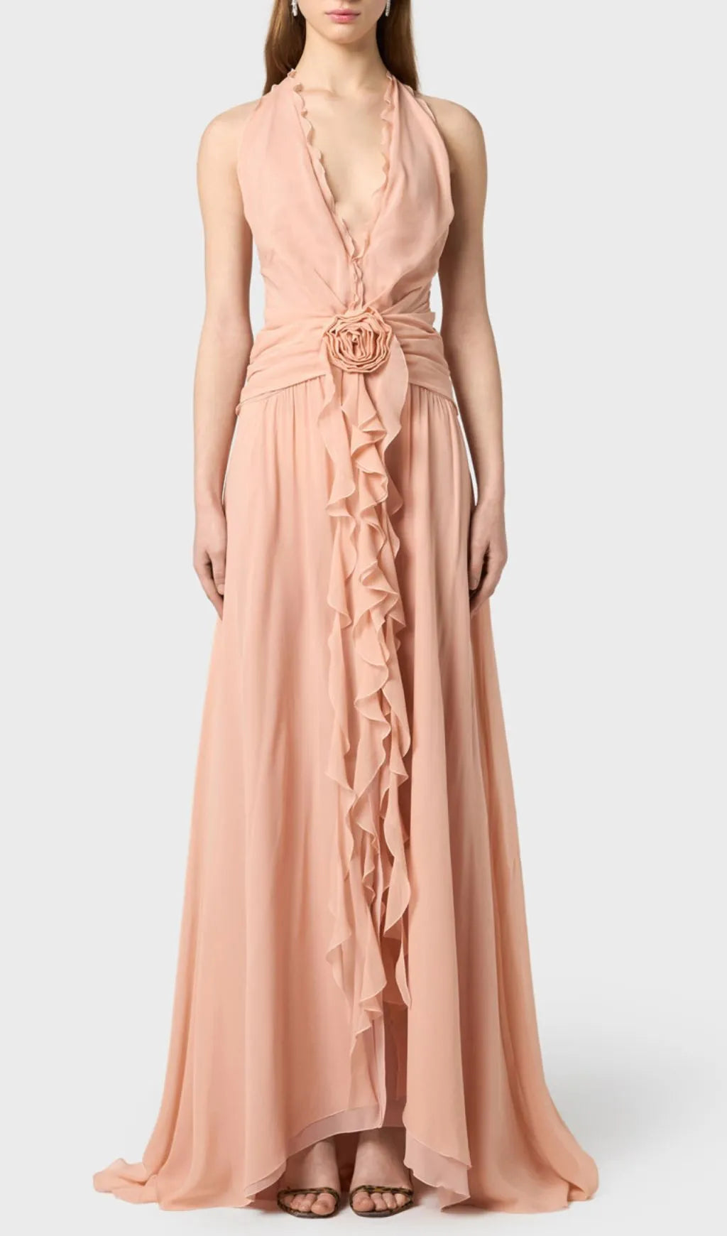 Florine Dusty Rose Halter Flower Ruffle Maxi Dress Flowering Girl