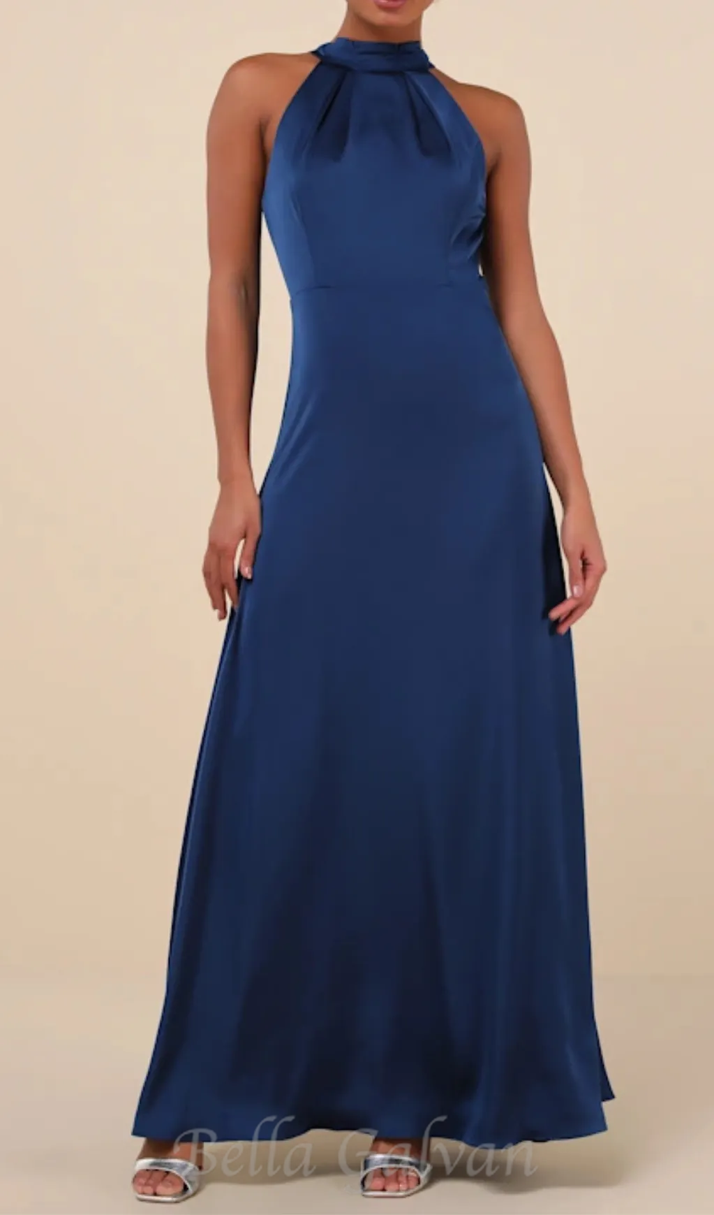 Blue Satin Pleated Mock Neck Maxi Dress Flowering Girl