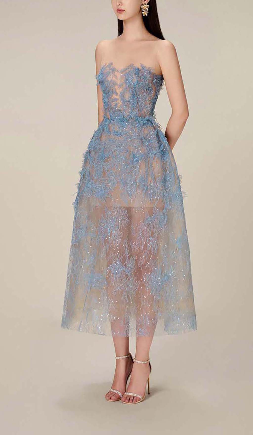 Allyson Blue Floral Lace Embroider Midi Dress Flowering Girl