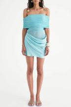Reanko Off Shoulder Ruched Mesh Mini Dress - Blue Flowering Girl