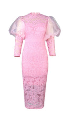 Pink Puff Sleeve Lace Midi Dress Flowering Girl