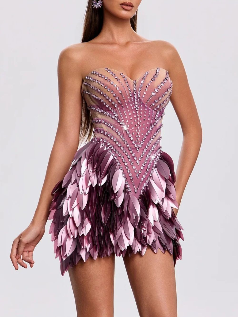 Xandrik Strapless Leaf Rhinestone Mini Dress Flowering Girl