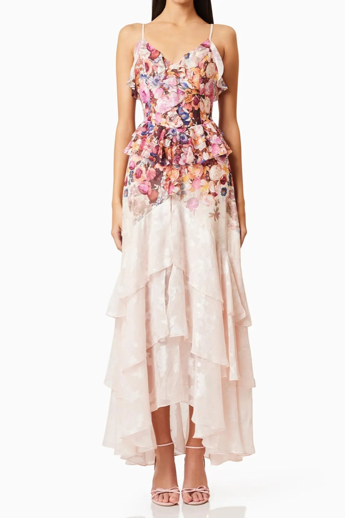 Perla Irregular floral print maxi dress in pink red Flowering Girl