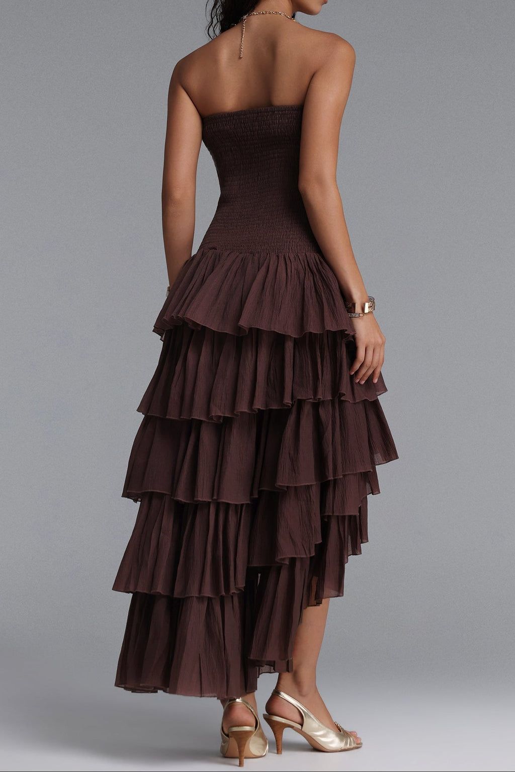 Strapless Smocked Tiered High Low Midi Dress Flowering Girl