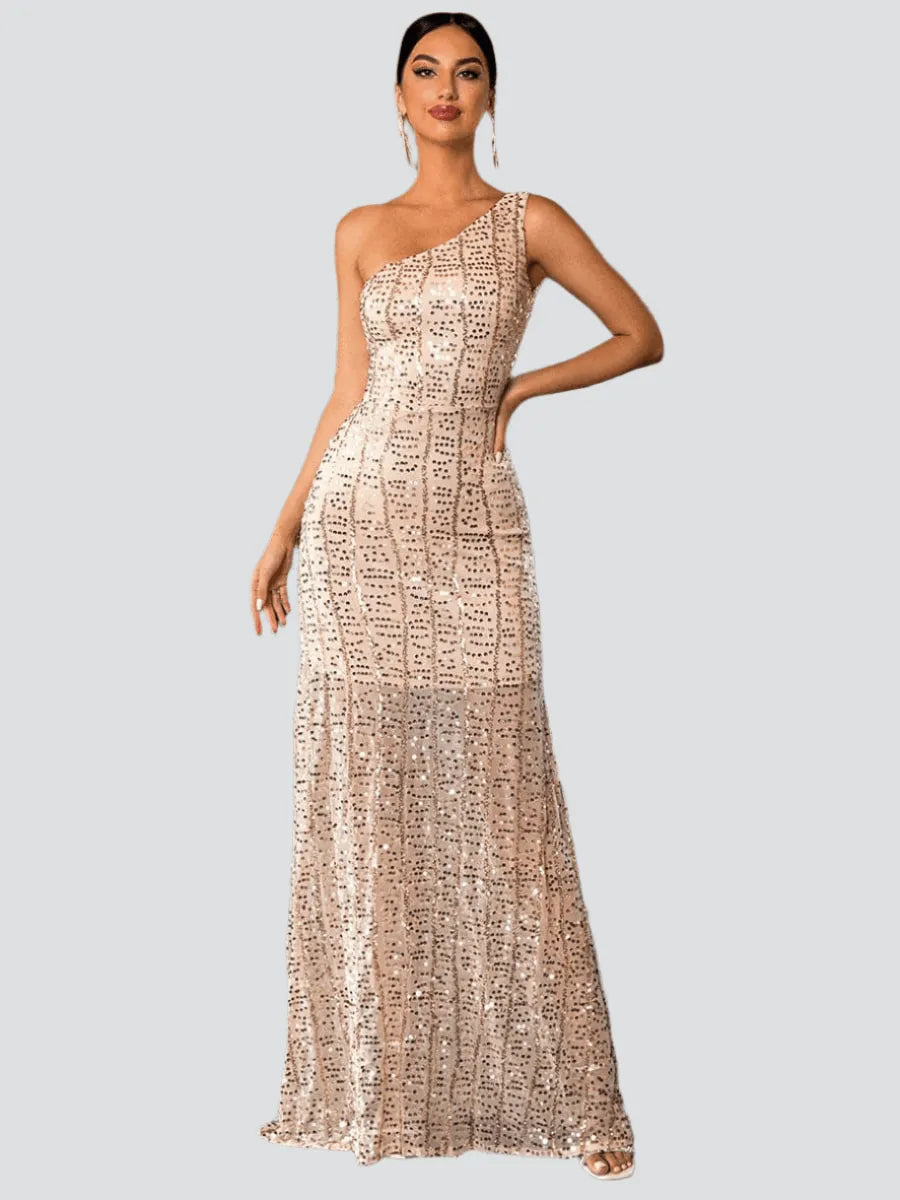 One Shoulder Sequins Maxi Prom Dress Flowering Girl
