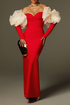 sarah Off Shoulder Flower Bandage Maxi Dress In Red Flowering Girl