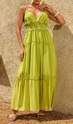 Saelvion Spaghetti Maxi Dress In Chartreuse Flowering Girl