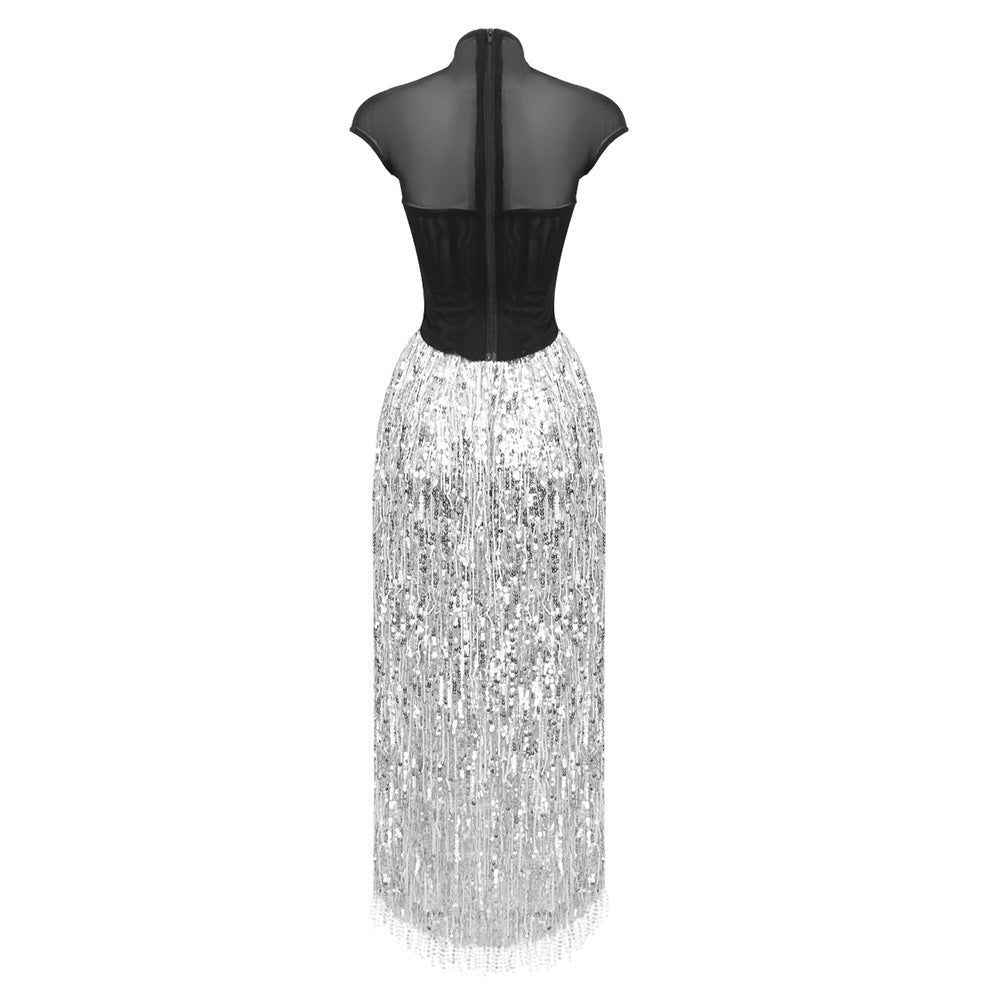 Tassel Sequin Black Corset Maxi Dress Flowering Girl