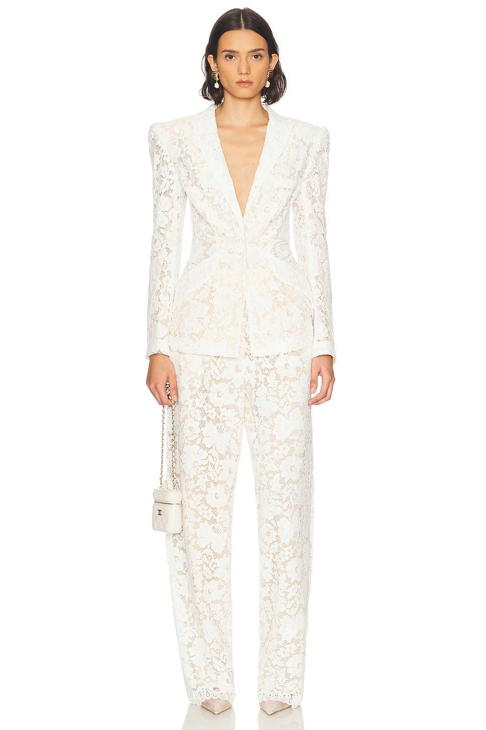 Elvira v-Neck Lace Blazer Set In White Flowering Girl