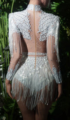 Fukiko White Beaded Tassel Bodysuit Flowering Girl