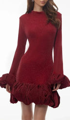 Tabitha Long Sleeve Midi Dress With Ruffled Trim - Burgundy Flowering Girl
