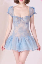 Lace Embroidery Puffy Mini Dress In Blue Flowering Girl