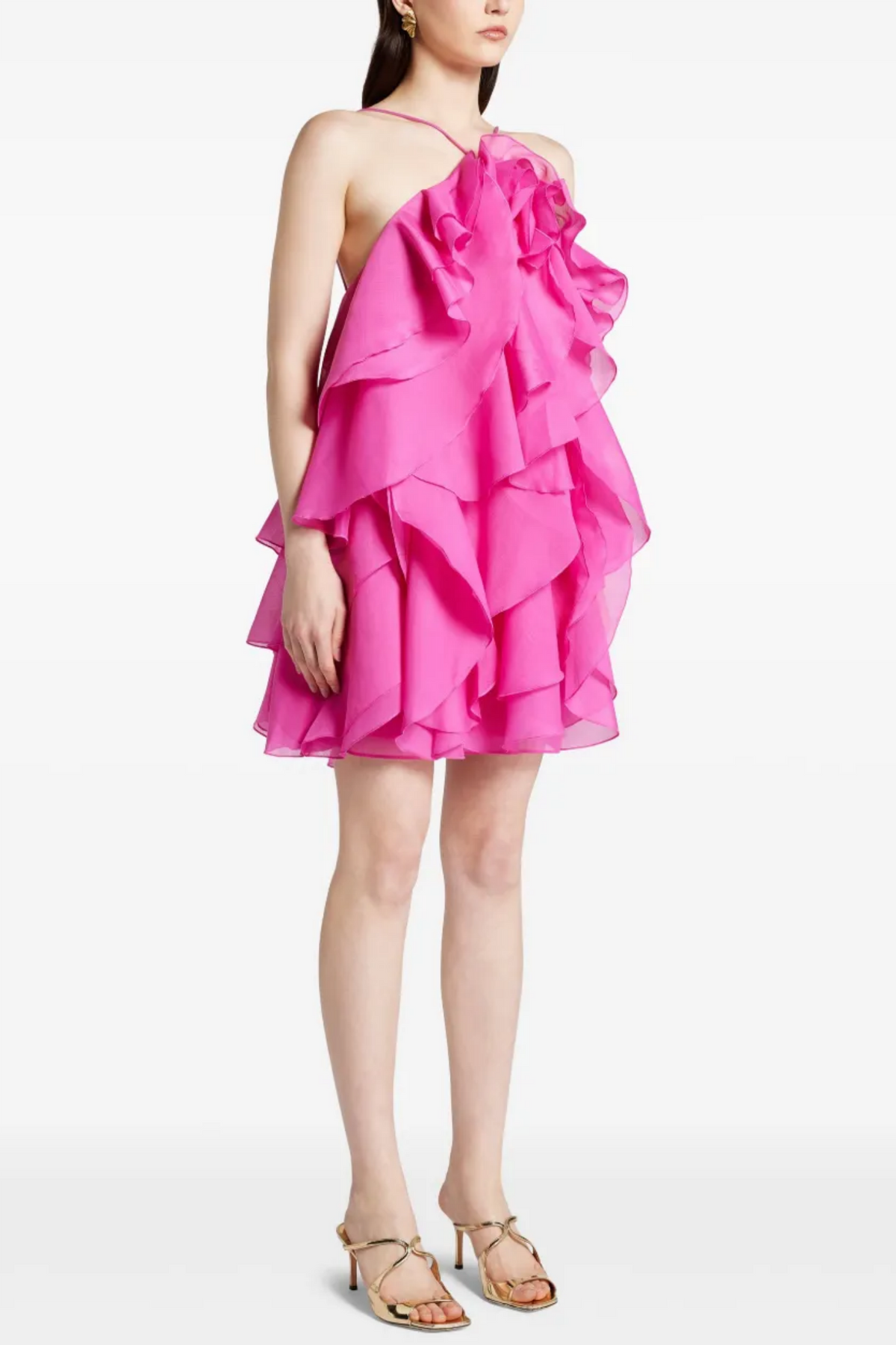 Lorraine Halter Floral Ruffle Layered Mini Dress In Fuchsia Flowering Girl