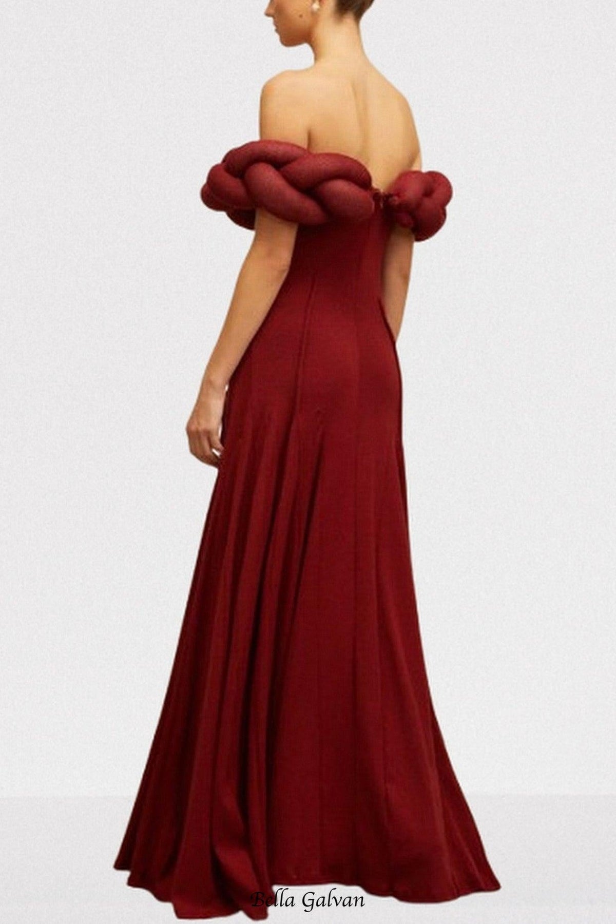 Padded Braided Off-Shoulder Maxi Dress in burgundy Flowering Girl