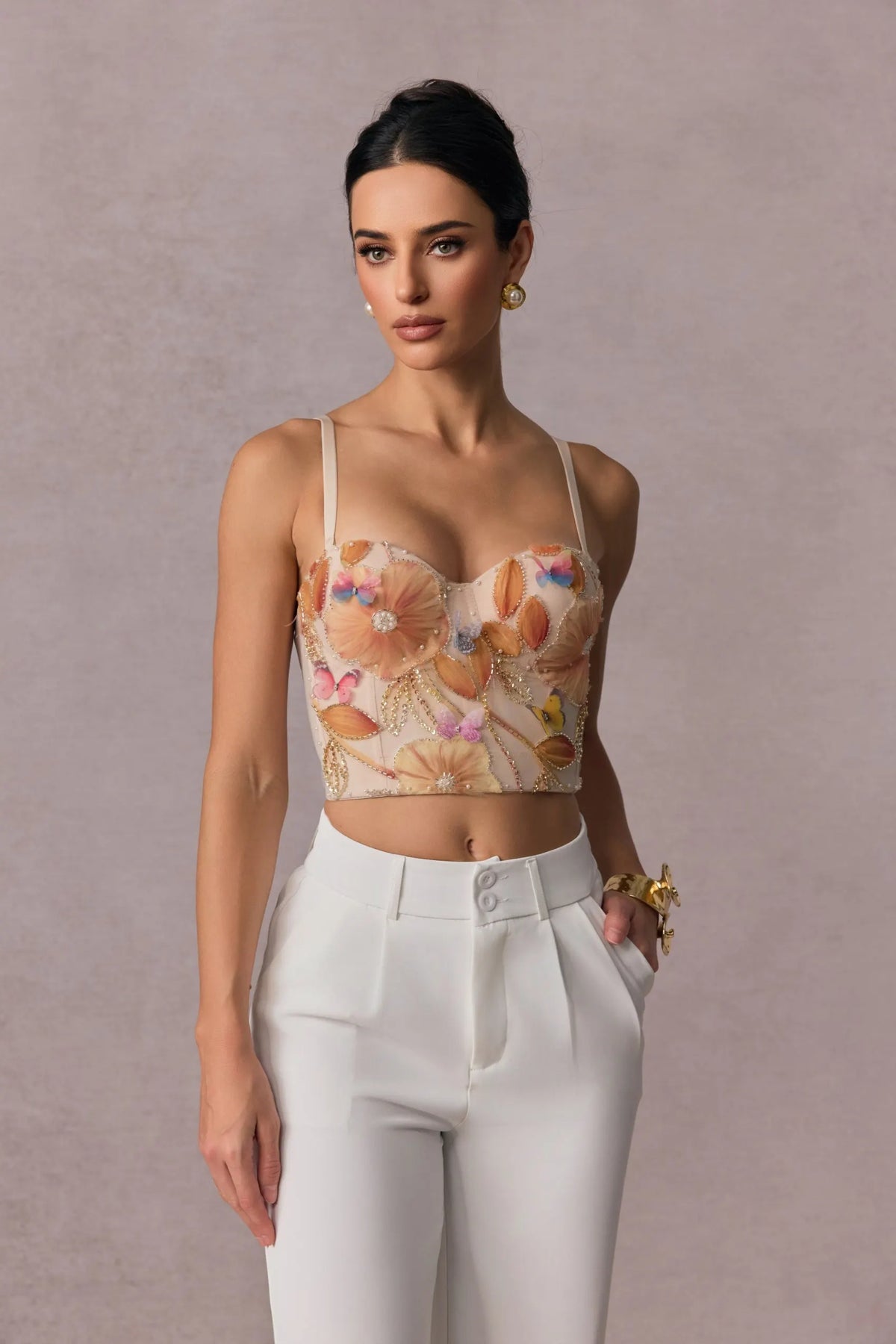 3D Floral Butterfly Rhinestone Spaghetti Strap Bustier Crop Top Flowering Girl