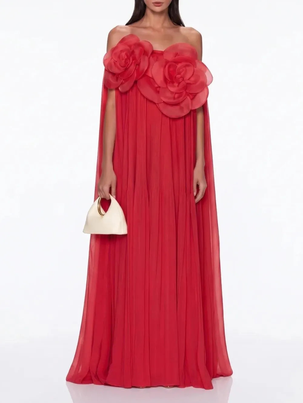 Grythalen Off Shoulder Flower Pleated Maxi Dress In Red Flowering Girl