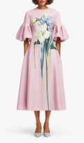 Madalina Pink Flower Puff Sleeve Midi Dress Flowering Girl