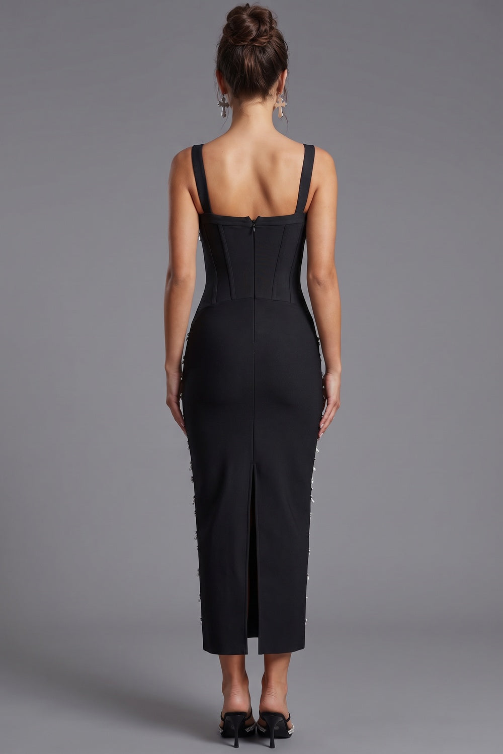 Black Sheath Midi Dress with Pearl and Crystal Fringe Flowering Girl