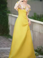 Bright Yellow Satin Strapless Maxi Gown With 3D Colorful Floral Tulle Bust Flowering Girl