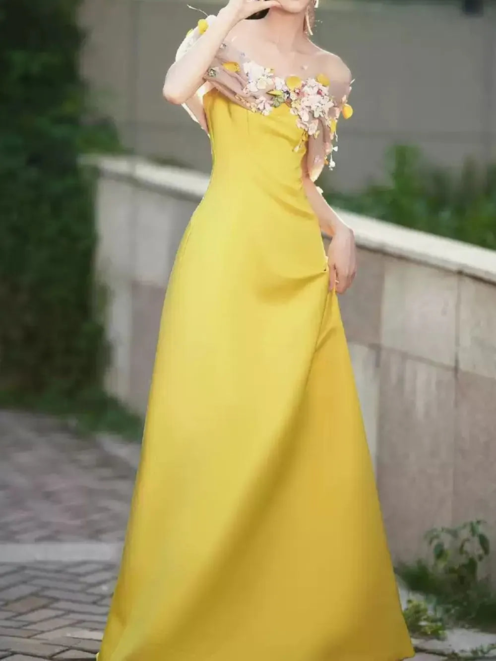 Bright Yellow Satin Strapless Maxi Gown With 3D Colorful Floral Tulle Bust Flowering Girl
