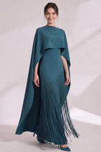 Teal Matte Crepe Column Evening Gown with Asymmetrical Cape Overlay Flowering Girl