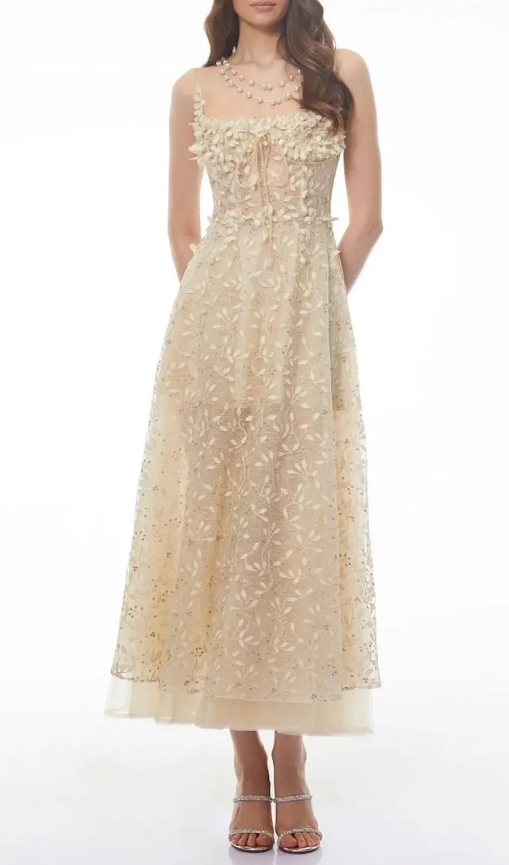 Gabriella Champagne Tulle Maxi Dress With 3D Petals Flowering Girl