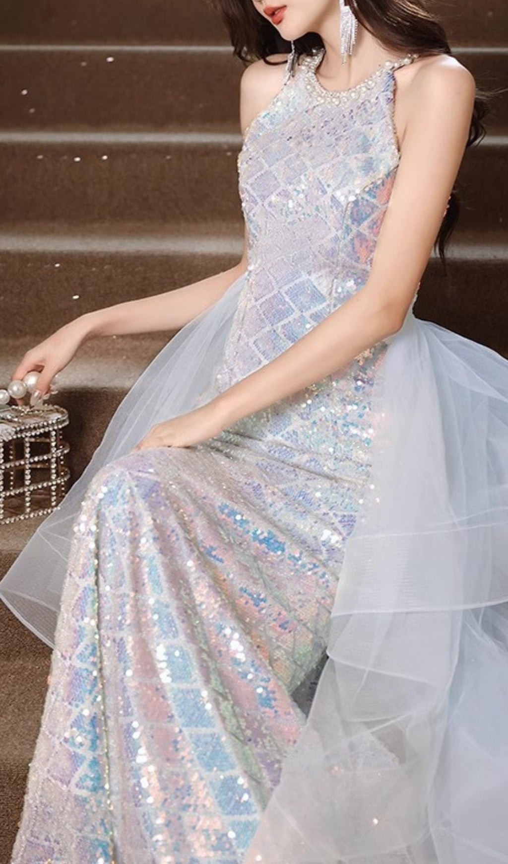 Cosette Halter Sequin Mesh Maxi Dress Flowering Girl