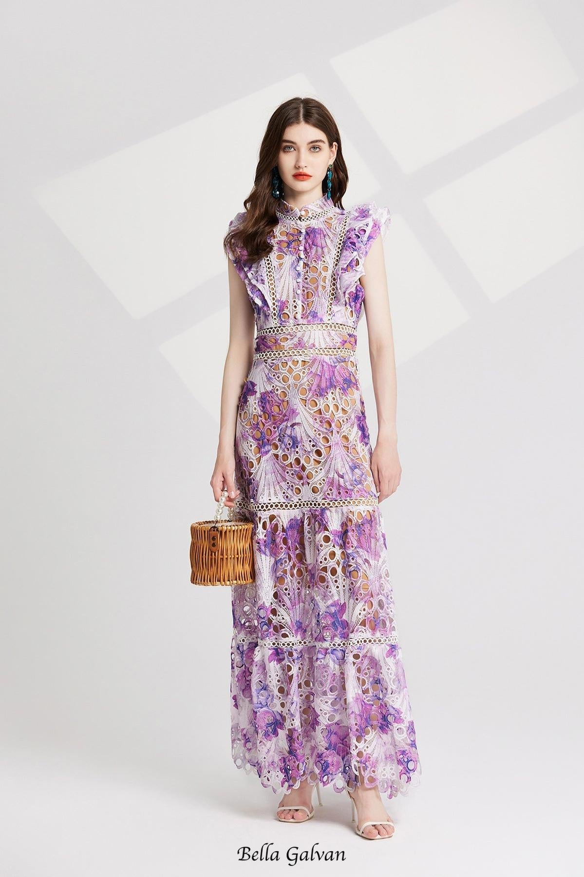 chloe hollow out flower embroidery maxi dress in purple Flowering Girl