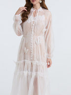 See-Through Blouse Maxi Dress With Lace Skirt In White Flowering Girl