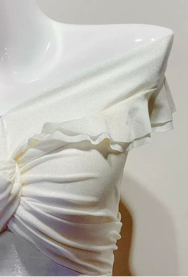 Off Shoulder Twist Ruched Tiered Ruffle Satin Maxi Dress Flowering Girl