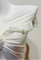 Off Shoulder Twist Ruched Tiered Ruffle Satin Maxi Dress Flowering Girl