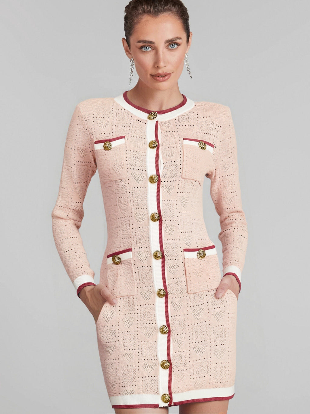 Karine pink long-sleeve patterned-knit mini dress Flowering Girl