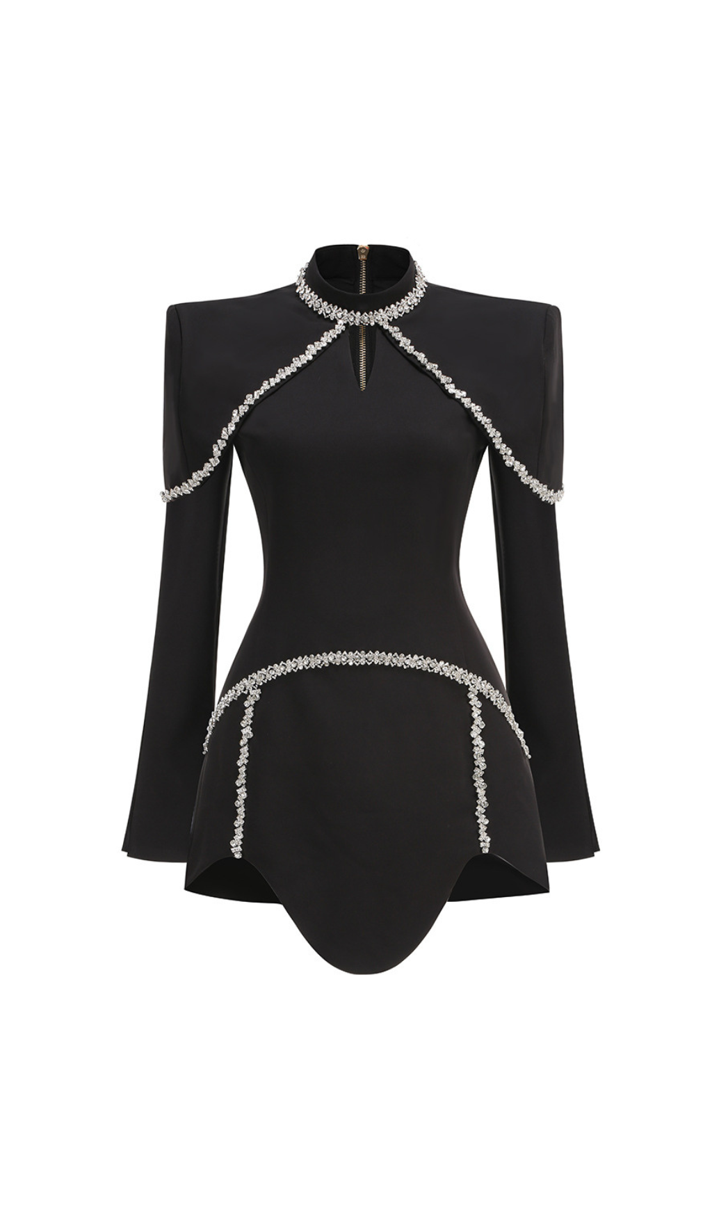 Diamond Chain Embellished Trumpet Sleeve Mini Dress In Black Flowering Girl
