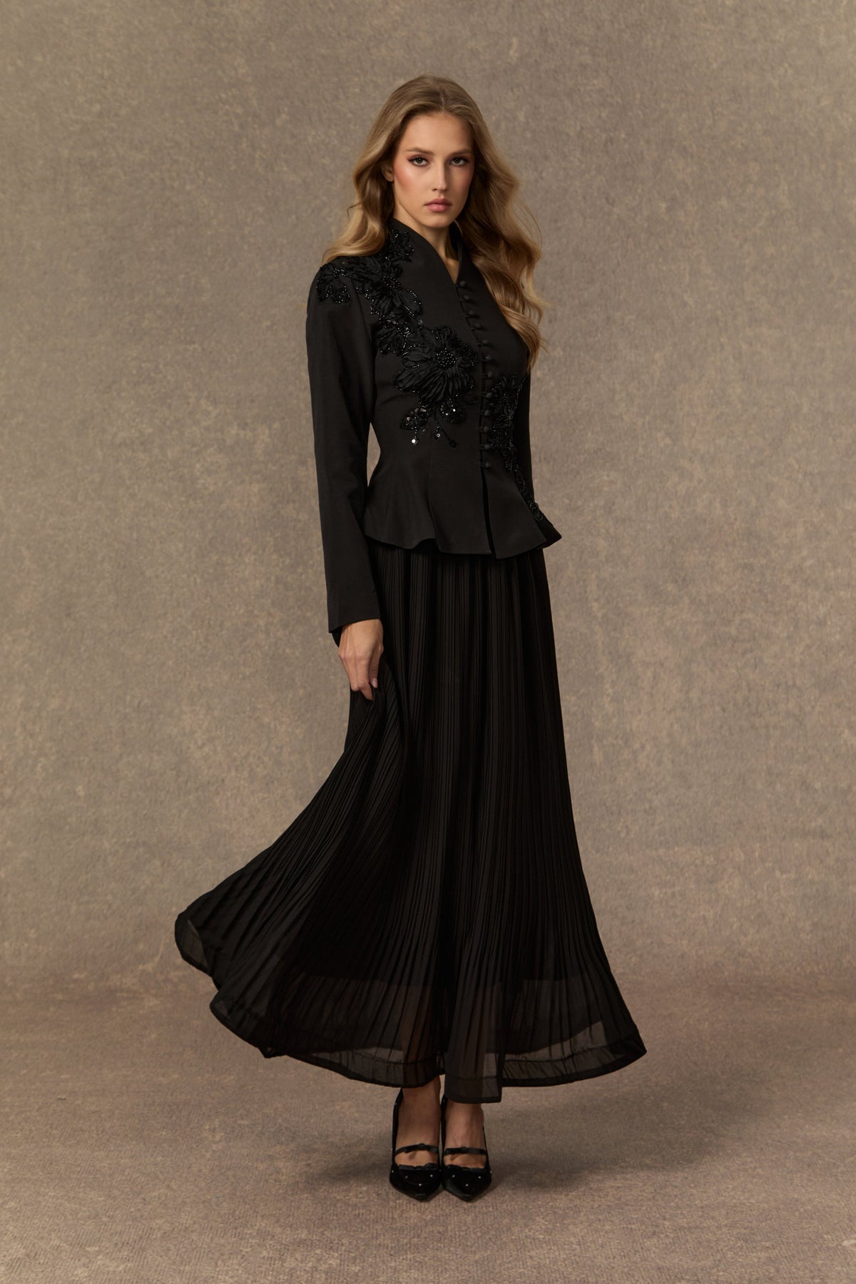 3D Beaded Floral Stand Collar Peplum Jacket & Pleated Chiffon Maxi Skirt Two-Piece Set Flowering Girl