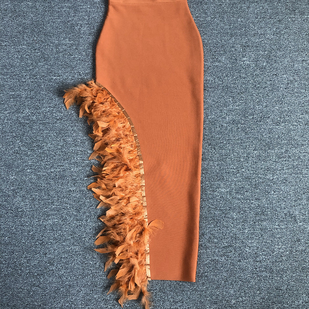 Ostrich Feather Bandage Dress With V-Neckline In Brown Flowering Girl