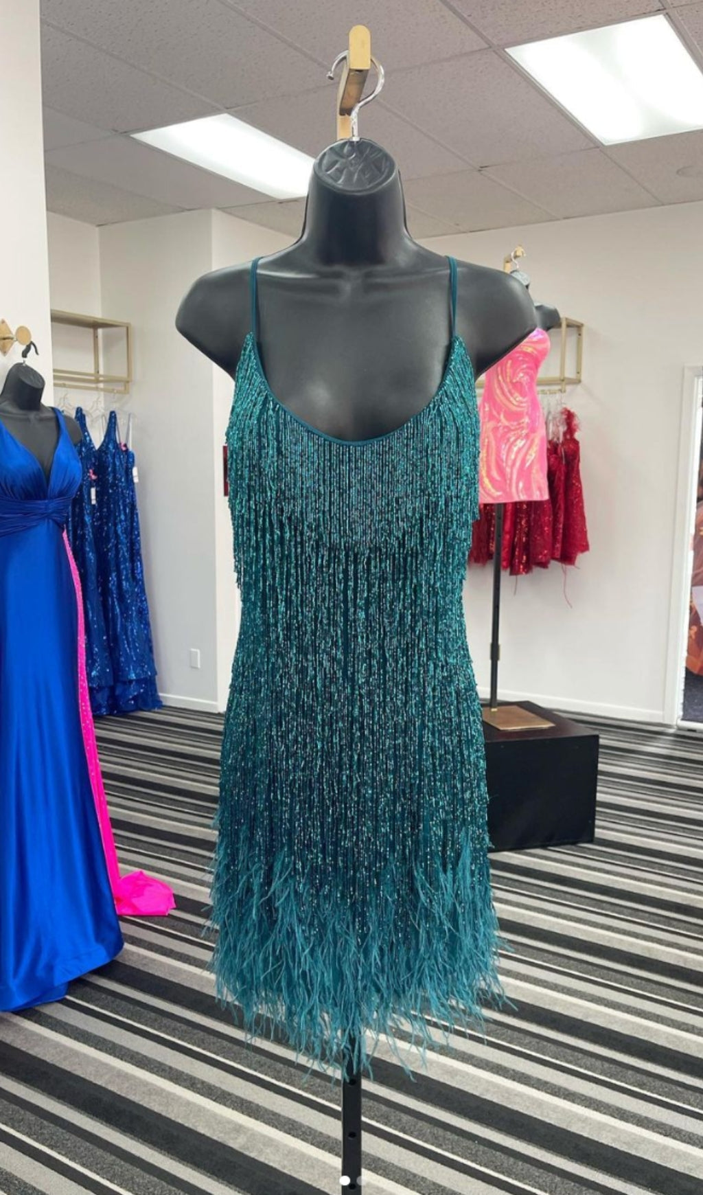 Emerald Tassel Feather Mini Dress Flowering Girl